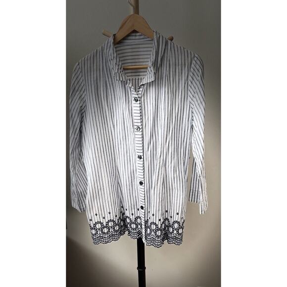 Womens Medium Linen Feel Top Long Sleeves Collared Striped Blue Embroidered - Picture 4 of 12